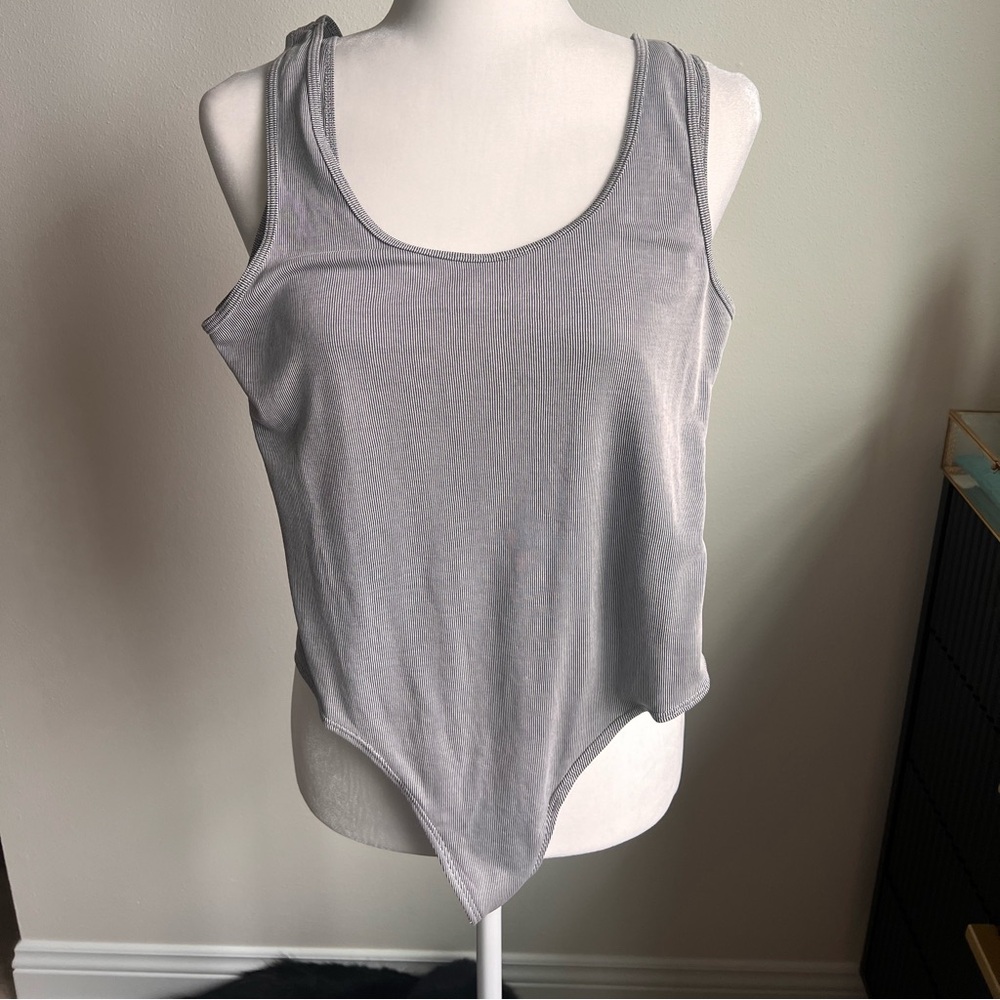 Grey, white and black striped bodysuit